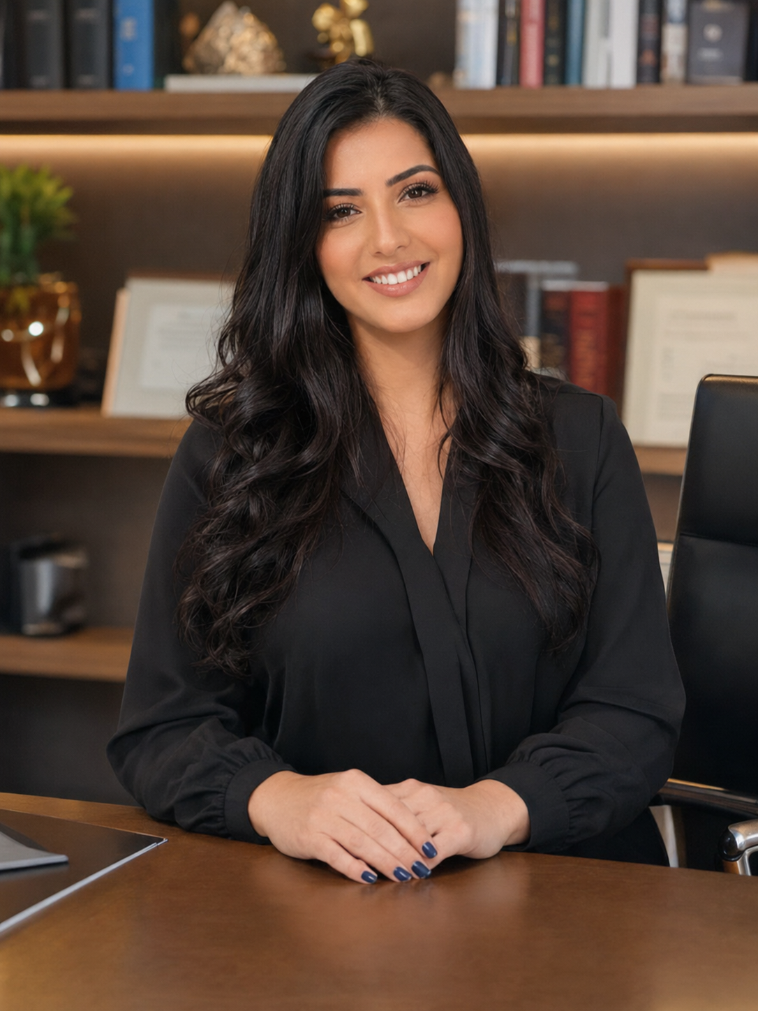 Foto da Maressa Tavares, consultora acadêmica, em ambiente de estudo, com expressão atenciosa e postura profissional.