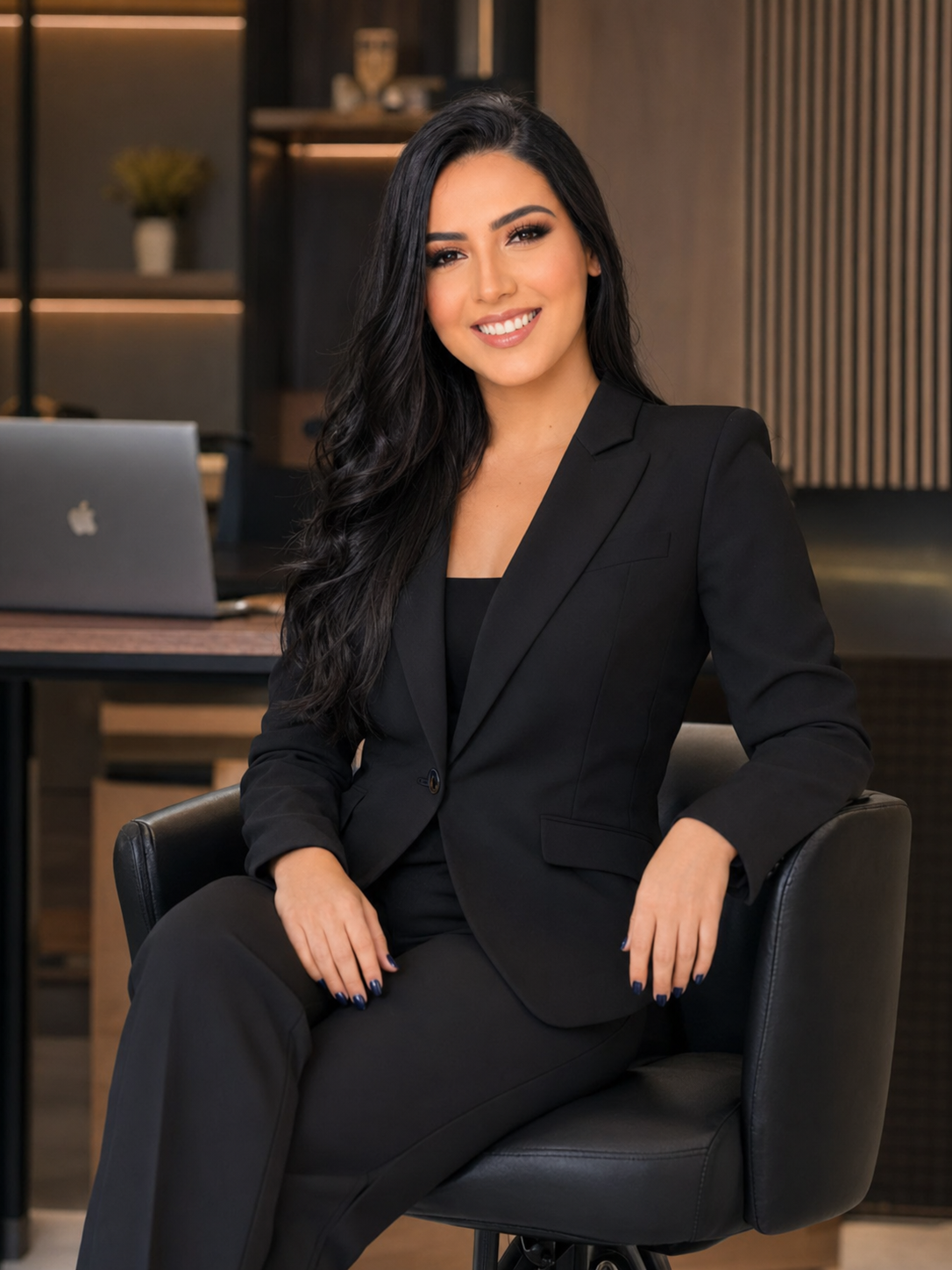 Foto da Maressa Tavares, consultora acadêmica, em ambiente de estudo, com expressão atenciosa e postura profissional.
